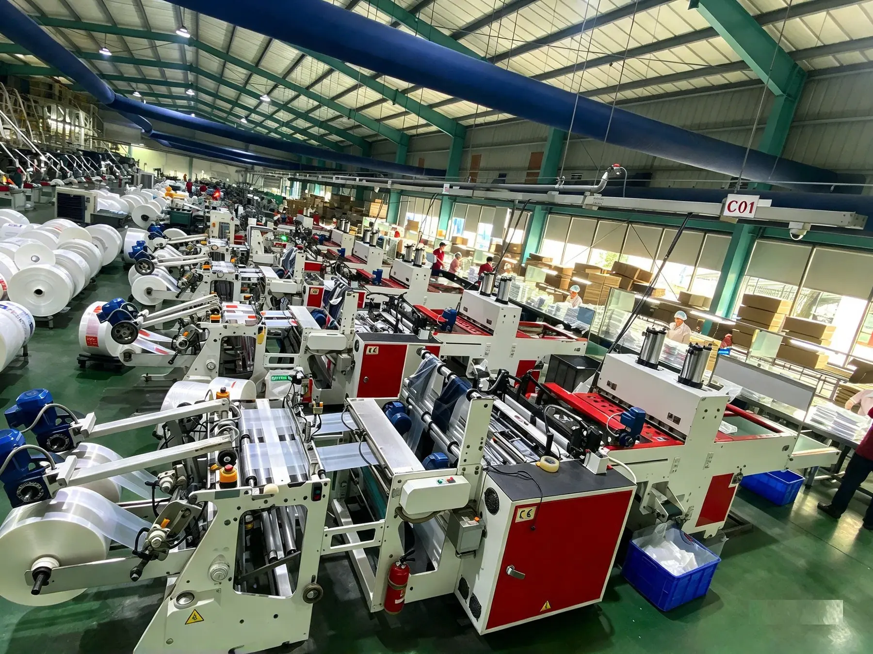 Cutting and sealing machines in the bag-making hall