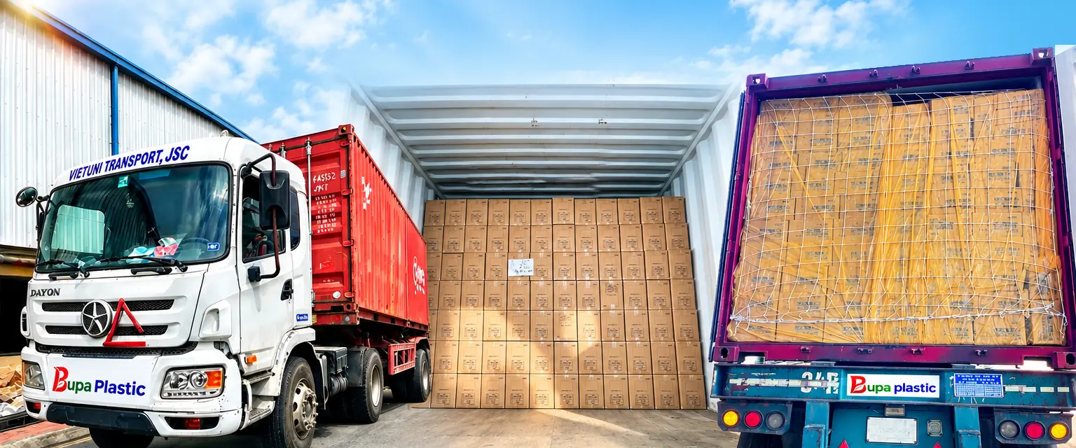 Truck and containers loaded with Bupa Plastic cartons, ready for export