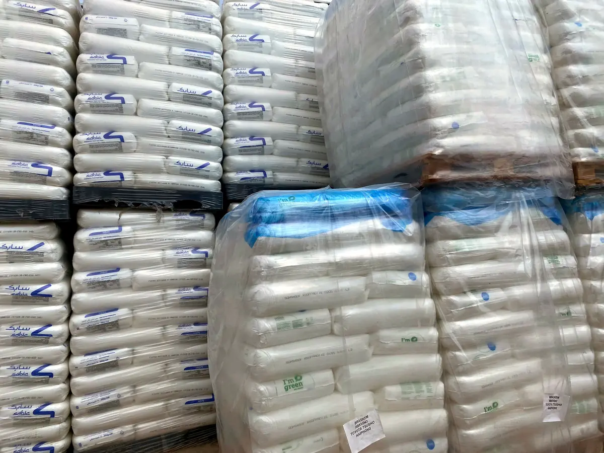 Sacks of PE resin pellets ready for blending at the Bupa Plastic factory
