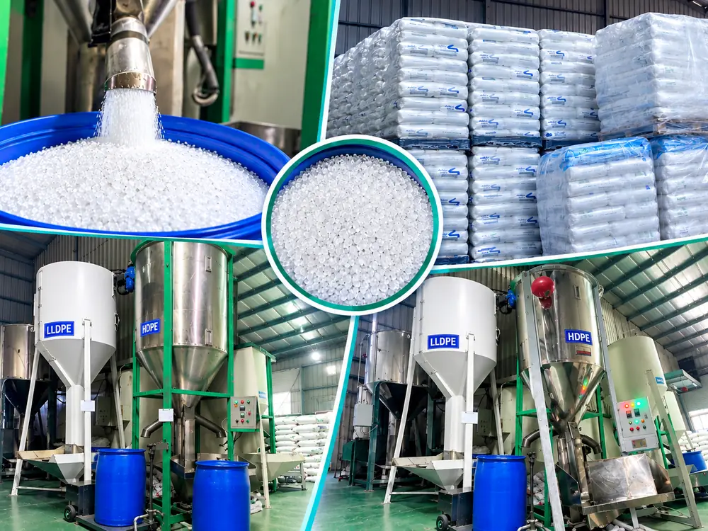 PE resin pellets, resin bags and blending mixers at the factory