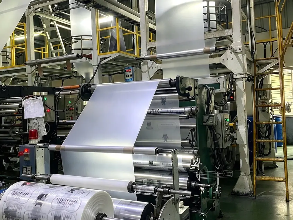 Film blowing tower with a printed film roll on the winder